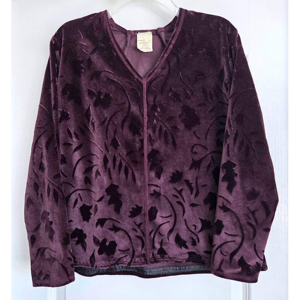 VTG Hamilton Purple Burnout Velvet Floral V-Neck Top Size S Canada Made Y2K